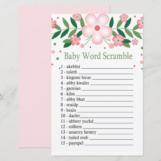 Papier Pink Floral Baby mot scramble jeu (Devant / Derrière)