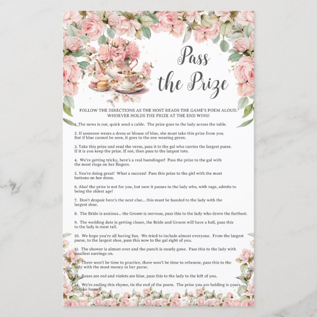 Papier Pink Floral Tea Party Bridal Shower Pass the Prize (Devant)