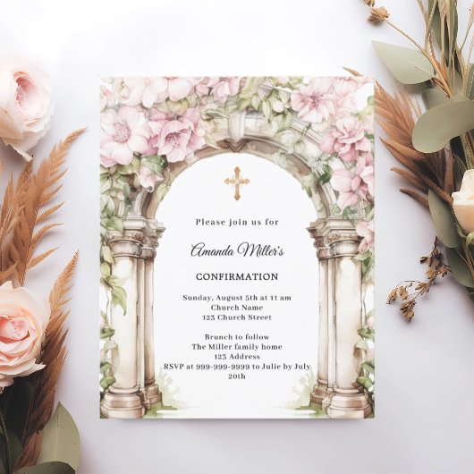 Papier Pink florals arch girl Confirmation invitation