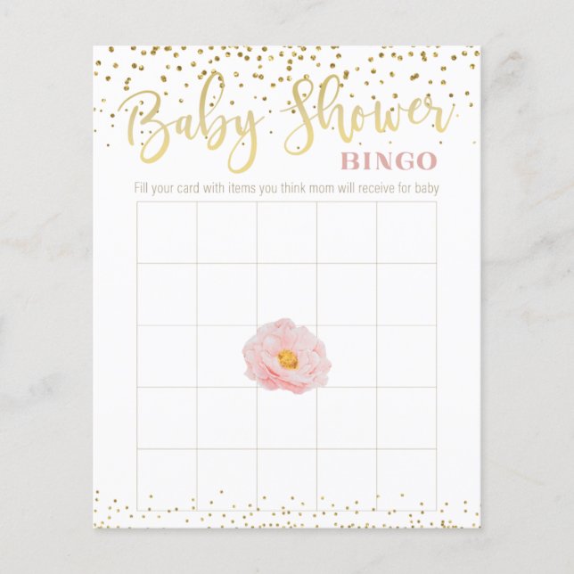 Papier Pink Flower Gold Accent Baby shower Bingo Jeu (Devant)