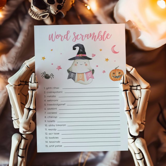 Papier Pink Ghost Little Boot Word Scramble Jeu (Little Boo Baby Shower Word Scramble Game)