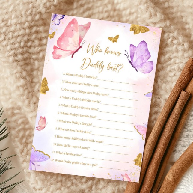 Papier Pink Gold Purple Butterfly Shower Who knows Game (Butterfly Baby Shower Game)