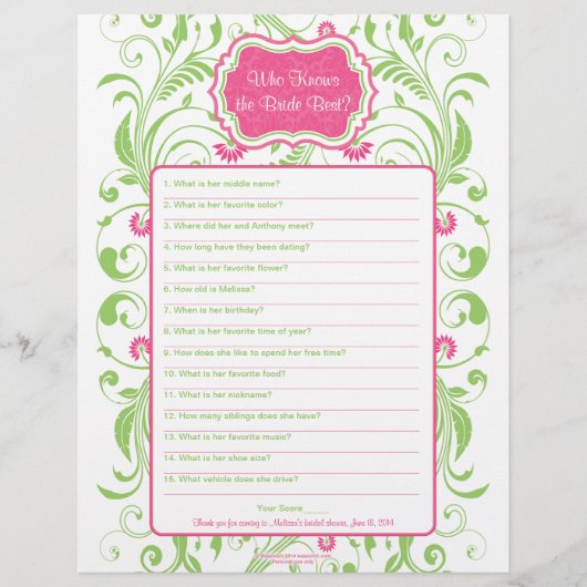 Papier Pink Green Floral Bride meilleur jeu de Fête des m (Devant)