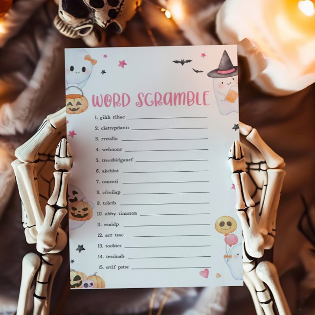 Papier Pink Halloween Little Boot Word Scramble Jeu (Baby is Brewing Baby Shower Word Scramble Game)