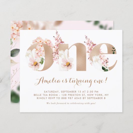 Papier Pink Hydrangea Rose Gold First Birthday Invitation (Devant / Derrière)
