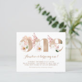 Papier Pink Hydrangea Rose Gold First Birthday Invitation (Debout devant)