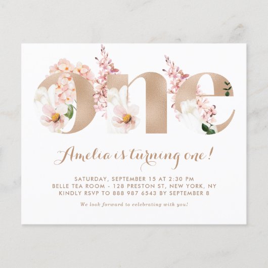Papier Pink Hydrangea Rose Gold First Birthday Invitation (Devant)