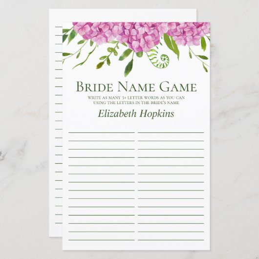 Papier Pink Hydrangeas Nom Douche Jeu (Devant / Derrière)