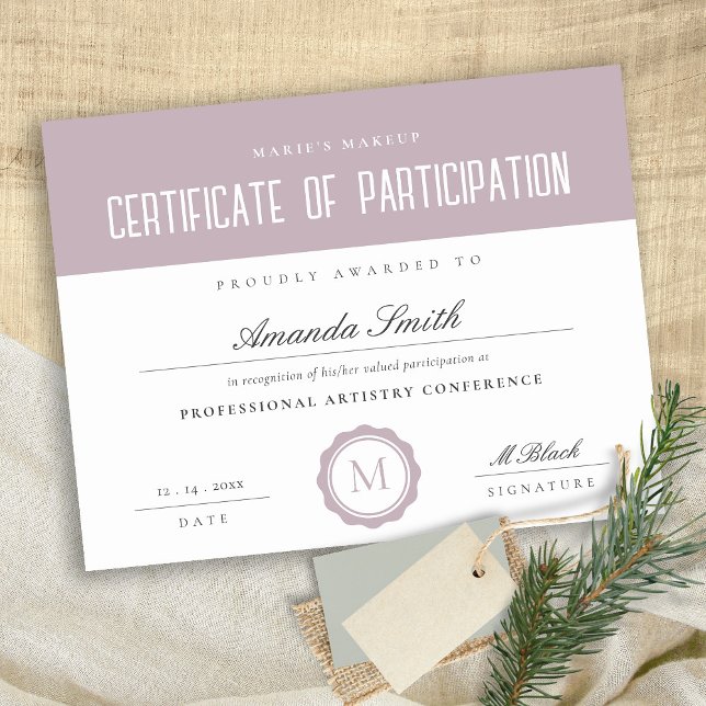 Papier Pink Lilac Certificat minimal de participation (Créateur téléchargé)