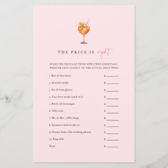 Papier Pink Love at First Spritz The Price Is Right Game (Devant)