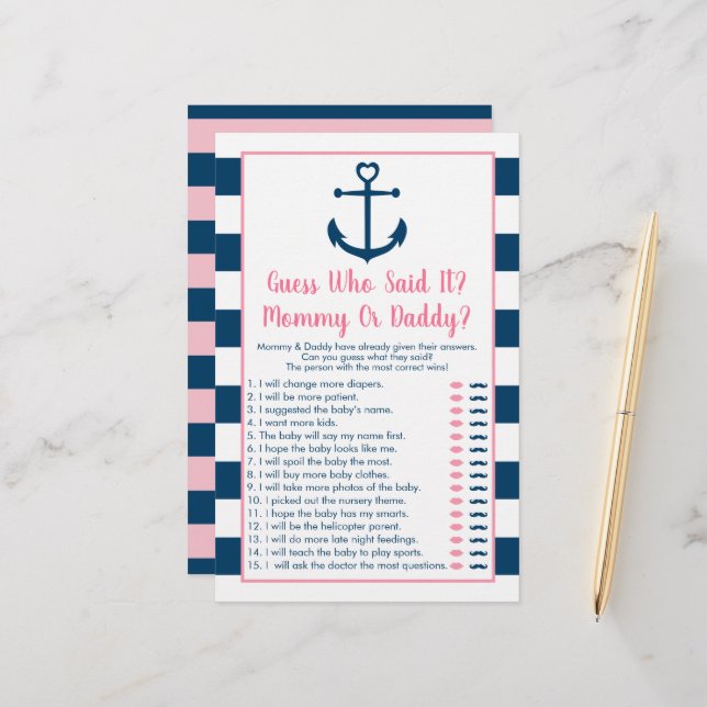 Papier Pink Navy Ancre Devine Qui A Dit Qu'Il Douche Jeu (Devant/Arrière en situation)