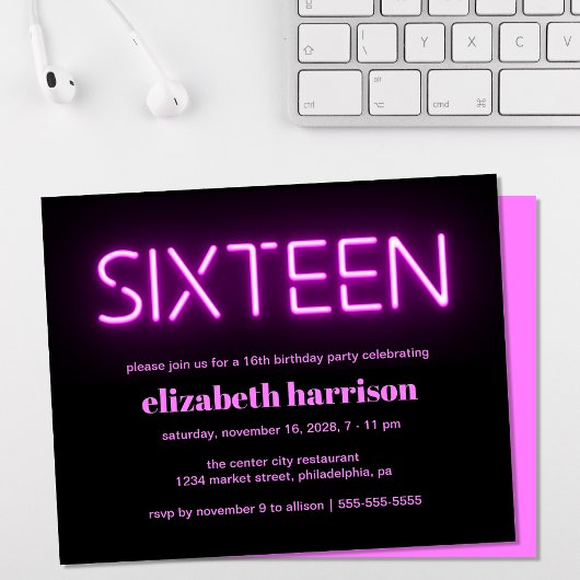 Papier Pink Neon Lights 16e anniversaire de fête Invitati
