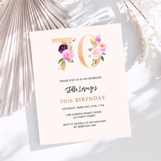 Papier Pink pêche floral 70e anniversaire invitation budg