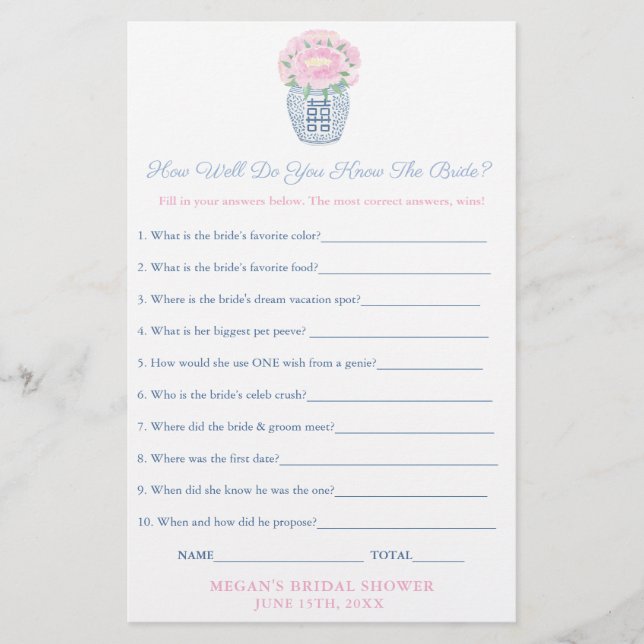 Papier Pink Peonies Who Knows Bride The Best Game Sheet (Devant)