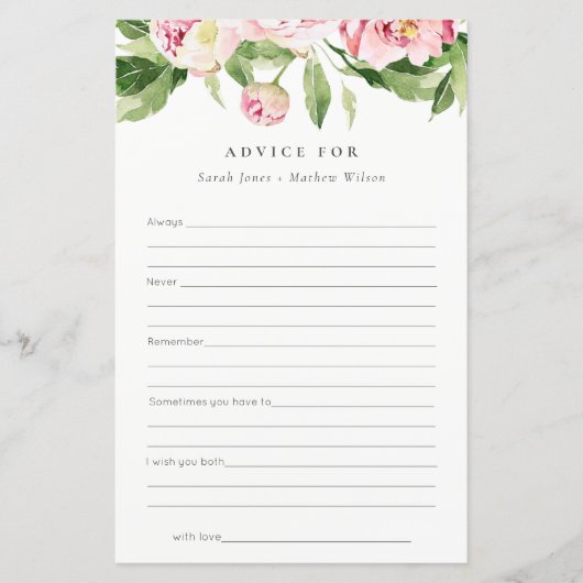 Papier Pink Peony souhaits floraux Conseils pour mariée (Devant)