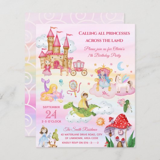 Papier Pink Princess Fairy tale Girl Anniversaire Invitat (Devant / Derrière)