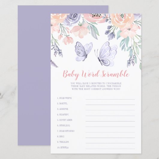 Papier Pink Purple Floral Butterfly Word Scramble Jeu (Devant / Derrière)
