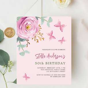 Papier Pink rose papillon budget invitation anniversaire