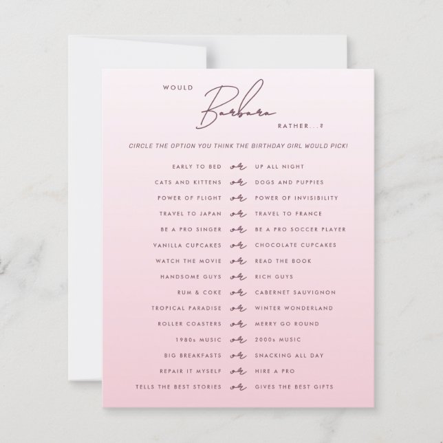Papier Pink Script Would She Rather Party Game Card (Devant)