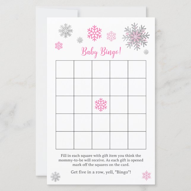 Papier Pink Silver Snowflake Baby Shower Bingo Game  (Devant)