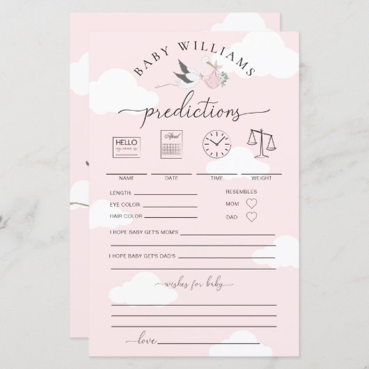 Papier Pink Stork Baby Predictions Jeu (Devant / Derrière)