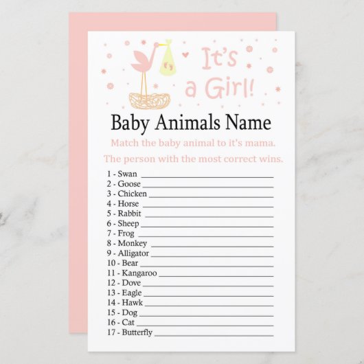 Papier Pink Stork nid Bébé Animaux Nom Jeu (Devant / Derrière)