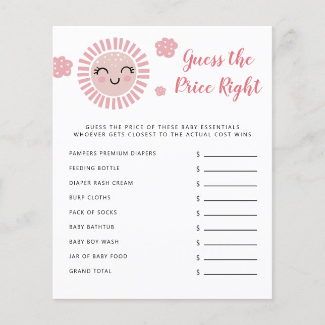 Papier Pink Sun Devine Le Prix Bon Baby shower Jeu (Devant)