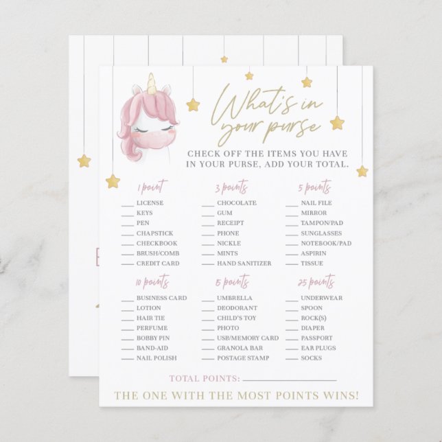 Papier Pink Unicorn Stars Baby shower Jeu de bourse (Devant / Derrière)