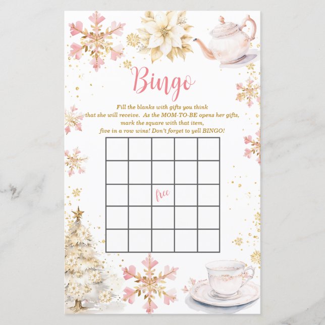 Papier Pink Winter Tea Party Baby Shower Bingo Game (Devant)