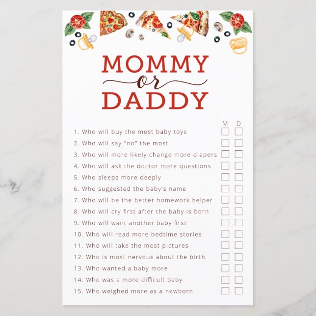 Papier Pizza Baby shower Jeu - Maman ou Papa Guesser G (Devant)