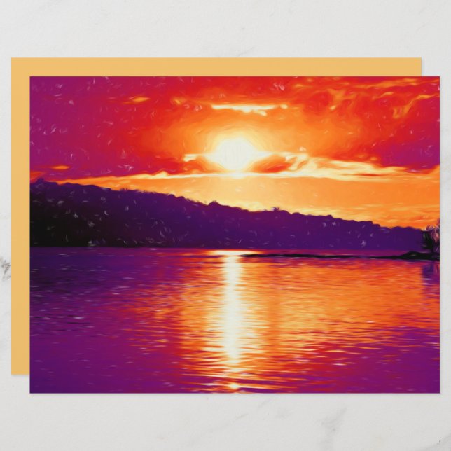 Papier Plage Sunset Coastal Orange Purple Art Aquarelle (Devant / Derrière)