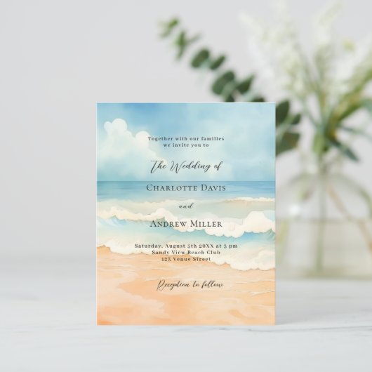 Papier Plage vagues bleu beige faire-part de mariage (Debout devant)