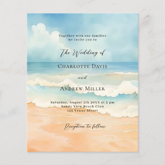 Papier Plage vagues bleu beige faire-part de mariage (Devant)