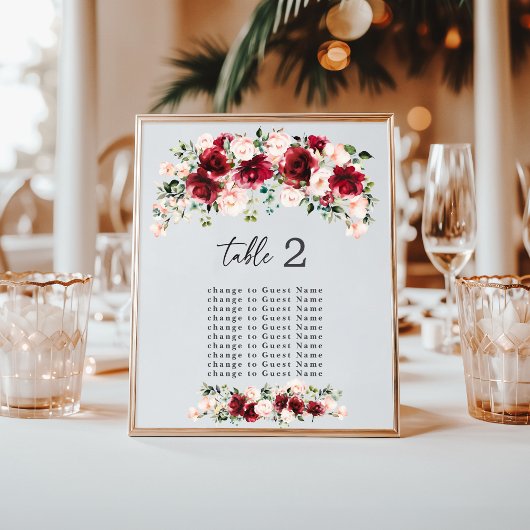 Papier Plan de table de mariage aux roses de Bourgogne à