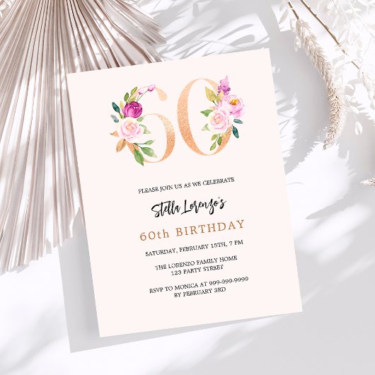 Papier Plantes de pêche rose 60e anniversaire invitation 