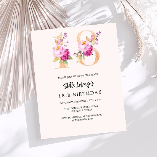 Papier Plorale de pêche rose 18e anniversaire invitation