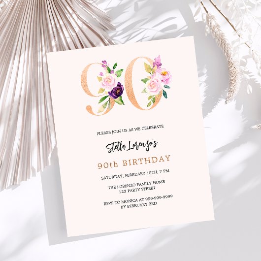 Papier Plorale de pêche rose 90e anniversaire invitation 