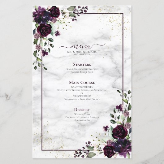 Papier Plum Purple or Floral Aquarelle Marbre Mariage (Devant)