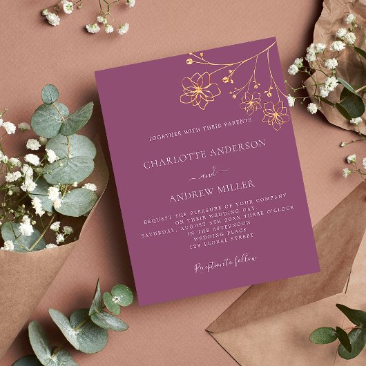 Papier Plum violet or budget floral faire-part de mariage