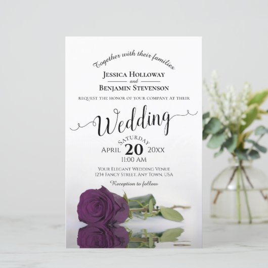 Papier Plum violet Rose Élégant Faire-part de mariage BUD (Debout devant)