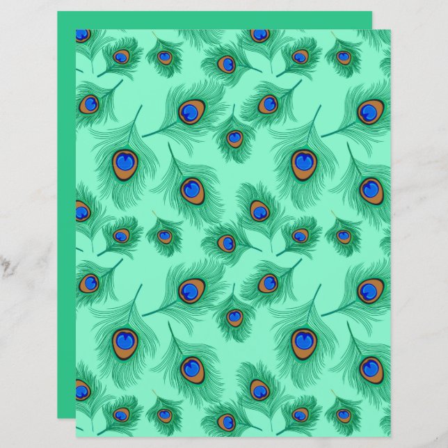 Papier Plumes de paon turquoise sur Aqua clair (Devant / Derrière)