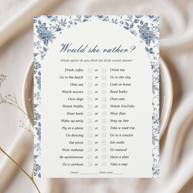 Papier Plutôt Fête des mariées Jeu Chinoiserie (would she rather bridal shower game that matches something blue before i do theme blue chinoiserie
)