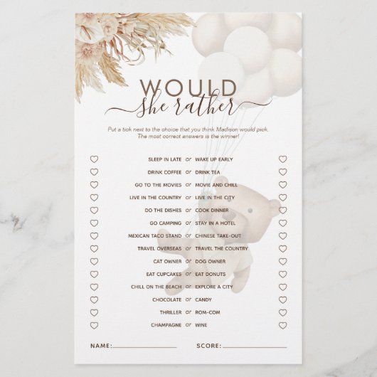 Papier Plutôt Teddy Bear Baby shower Jeu (Devant)