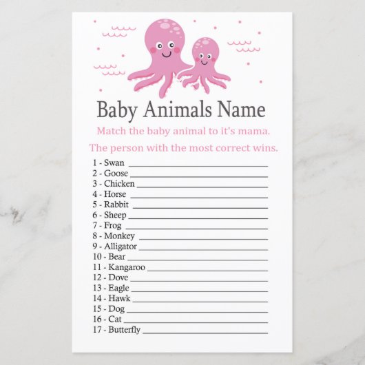 Papier Poctopus rose Bébé Animaux Nom Jeu (Devant)