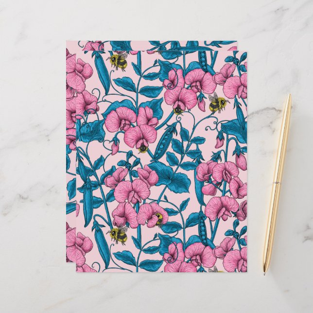 Papier Pois doux et bourdons, rose et bleu (Devant/Arrière en situation)