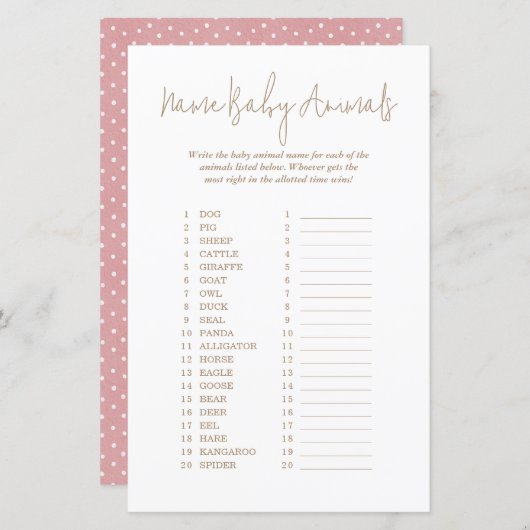 Papier Pois Nom Bébé Animaux Baby shower Jeu (Devant / Derrière)