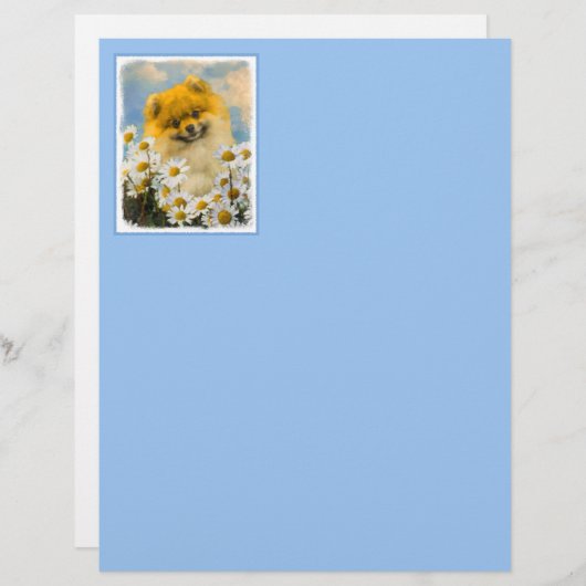 Papier Poméranien dans Daisies Peinture - Art Chien origi (Devant / Derrière)