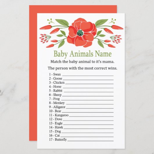 Papier Poppy Baby Animaux Nom Jeu (Devant / Derrière)