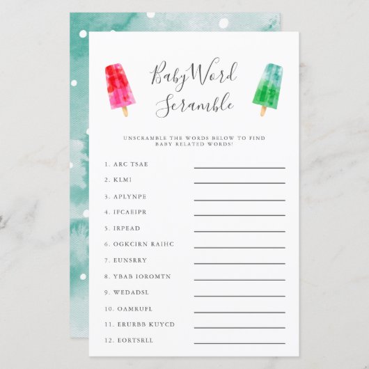 Papier Popsicle Baby Word Scramble Jeu (Devant / Derrière)