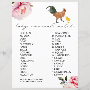 Papier Poulet rose Floral Baby shower animal match jeu
